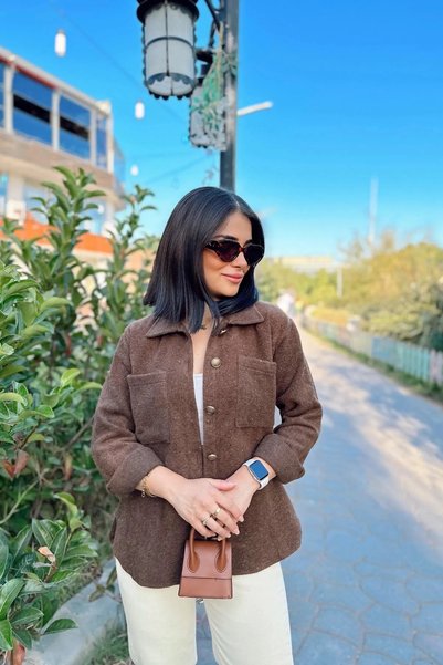 ubmbutik Kadın Çift Cepli Kaşe Gömlek -kahve