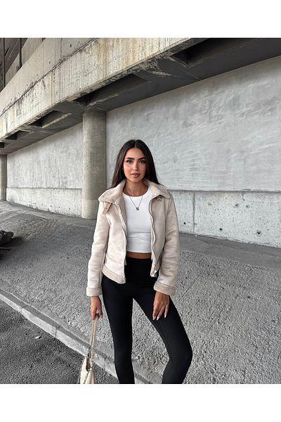 Ekim Store Biker-Crop-Wildledermantel mit Plüschkragen