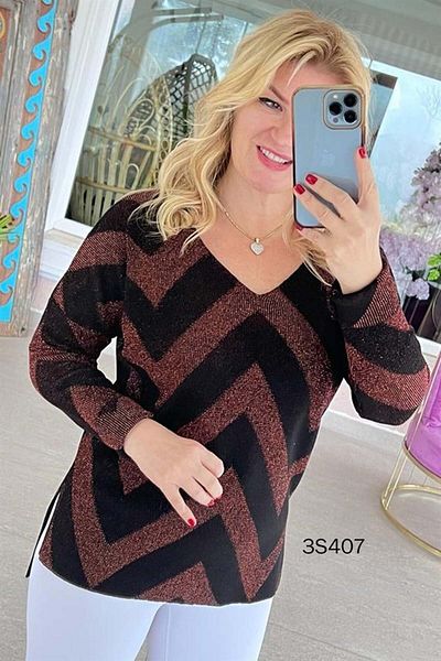 İnce Topuk Zigzag Patterned Glitter Knitwear Blouse 3S407