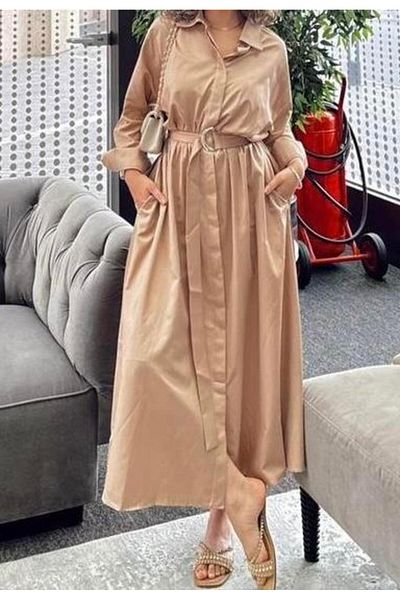 Cardella Μπεζ βαμβακερό σατέν μακριά ζώνη Hijab φόρεμα