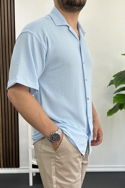 Edwox Ανδρικό πουκάμισο γαλάζιο - κοντό μανίκι, ύφασμα Seersucker, Edw109