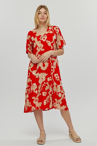 Ebsumu Women's Plus Size V-neck Skirt Pleated Printed Woven Red Dress