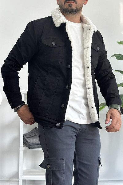 Edwox Ανδρικό τζιν μπουφάν με κουμπιά με γούνα σε τσέπες, μαύρο Pr113