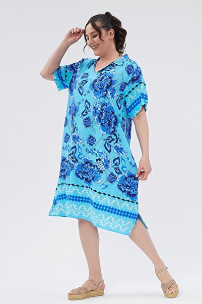 Ebsumu Rochie de damă cu guler de cămașă cu fante laterală țesută cu imprimeu albastru