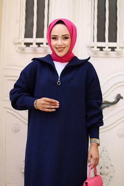 Cardella Ribbed Knitwear Dress - Zipper Collar Hijab Dress