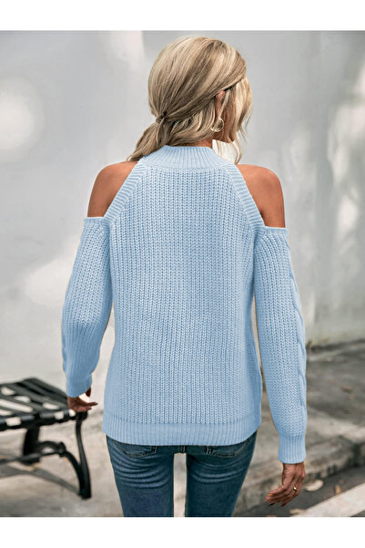 TRQOM Pulover de damă cu gât țesut, fără umăr, păr Thessaloniki, tricotat, detaliat, tricotaj, albastru bebeluș