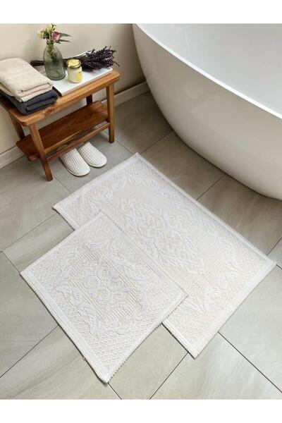 Bluenity Raya Damask 2-piece White Bath Mat Set - Natural Cotton, 60x100+50x60 Cm