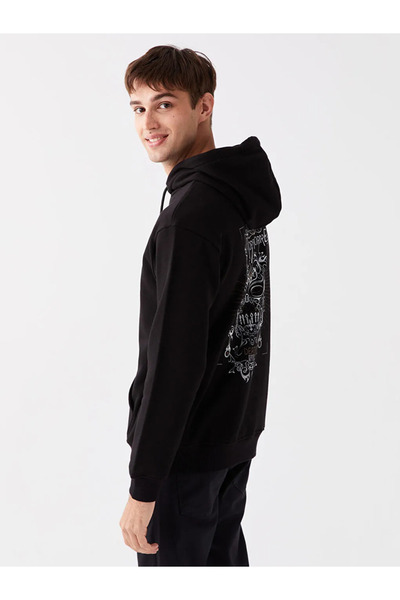 LC Waikiki LCW Casual Yeni Siyah Uzun Kollu Baskılı Erkek Hoodie