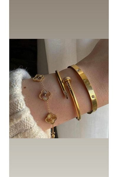 ANGELSS JEWELLERY مجموعة ثلاثية من ماركة Van Cleef Gold - مجموعة أصفاد وسوار (موديل البرسيم)