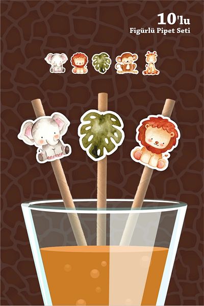 neşeli günlerim Set de 10 paie cu figuri cu tematică Safari pastel