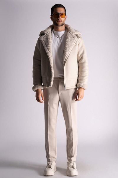 BRACCAS Slim Fit Chino Crop Trousers with Half Elastic Waist Light Beige