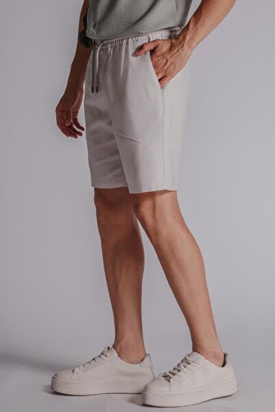 BRACCAS Men's Linen Texture - Pockets and Elastic Waist Jogger Shorts, Stone Color