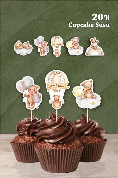 neşeli günlerim Teddy Bear Themed Cupcake Ornament 20pcs