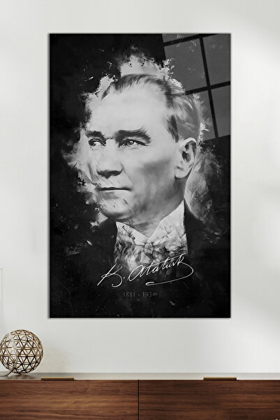 Vosevu Siyah Beyaz İmzalı Atatürk Portresi Cam Tablo, Modern Ev Ofis Dekoru, ...