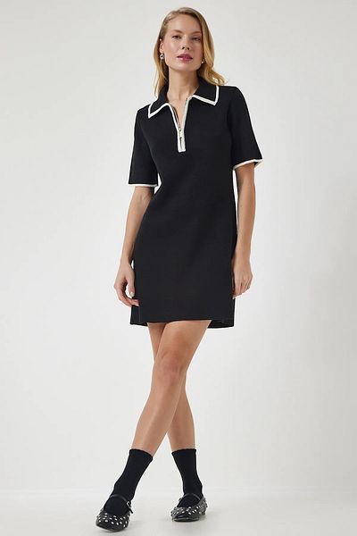 BELLA FASHION Rochie tricotată cu mânecă scurtă, cu fermoar, gât polo-negru-crem