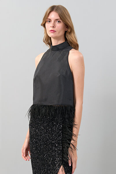 Roman Otriş Aksesuarlı Halter Yaka Bluz Siyah K2513037_001