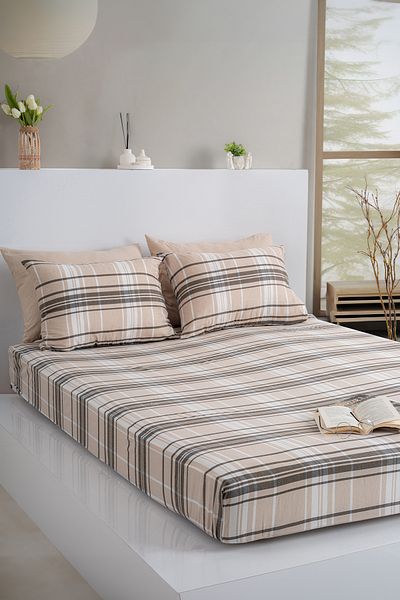 KetraHome King Size Wood Brown Striped Elastic Sheet Set Cotton 180 X 200 Cm 2 Pillowcases