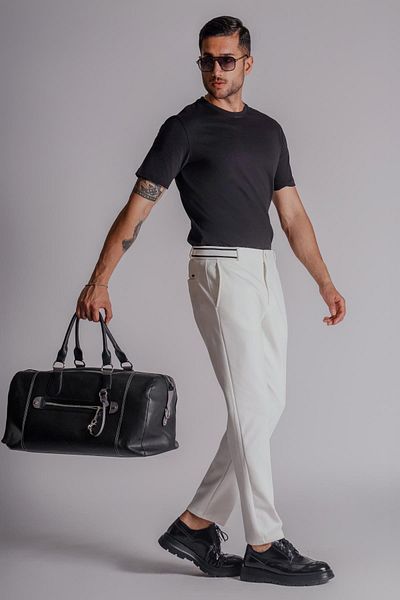 BRACCAS Ecru Men's Slim Fit Chino Pants - Side Pocket and Ribbed Waist