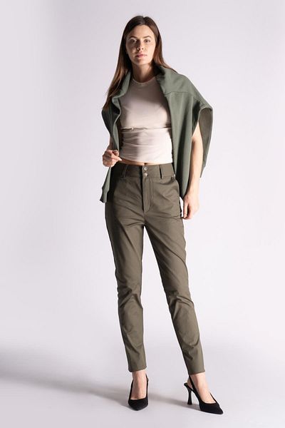 BRACCAS Pantaloni slim de damă cu talie înaltă - bumbac, buzunare, kaki