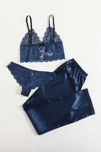 Merry See Spitzen-BH-Höschen, Satin-Pyjamahose, 3-teiliges Set