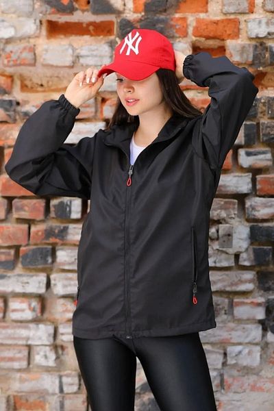 QAWWA Schwarz gefütterter, winddichter Regenmantel mit Kapuze und Tasche für Damen