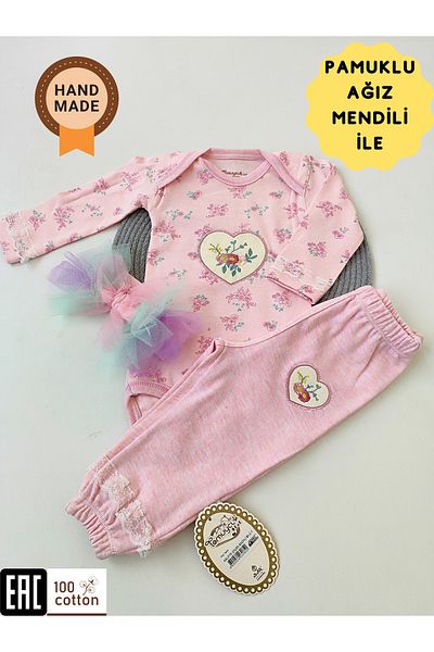 Tomuycuk طقم أطفال بناتي وردي مصنوع من القطن بنسبة 100% مكون من 3 قطع - باندانا ومجموعة أطفال مطرزة بالزهور