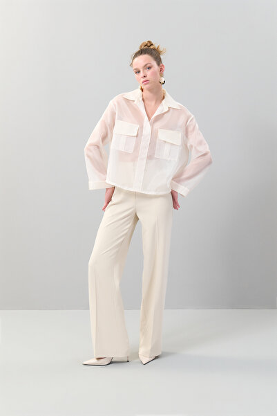 Roman Çift Cepli Uzun Kollu Organze Gömlek Vanilya K2513529_100