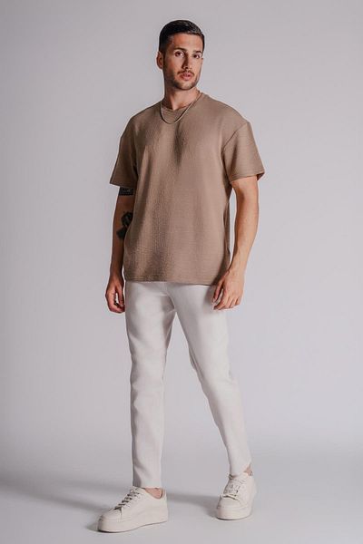 BRACCAS Linen Textured Men's Trousers - Side Pocket and Elastic Waist, Relaxed Fit Stone