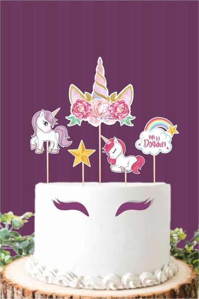 neşeli günlerim Unicorn Kürdanlı Pasta Süsü Set *kalın Kağıt