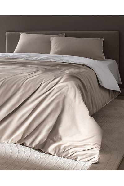 Madame Coco Verne King Size 100% Cotton Piping Printed Satin Bedding Set - Beige/White