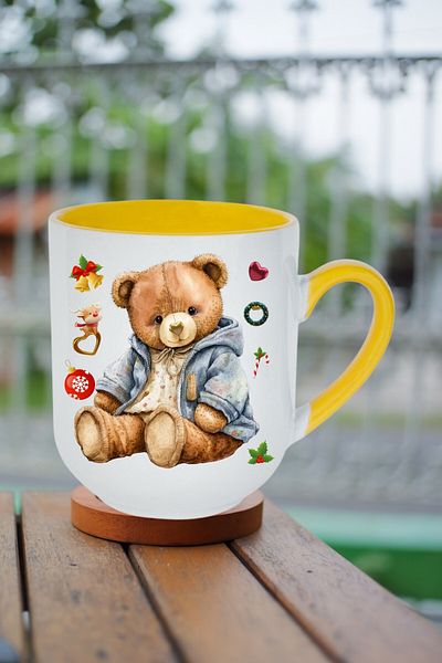 CAİSYA New Year Teddy Bear Printed Yellow Inside Luxury Mug Cup Porcelain Tea Coffee Cup
