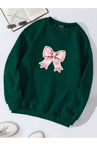 SOFTWAY Unisex Oversize Crew Neck Pink Ribbom Sweatshirt - Σκούρο Πράσινο