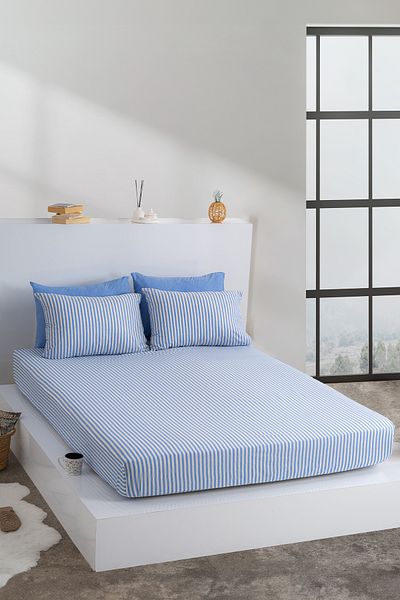 KetraHome King Size Powder Blue Striped Fitted Sheet Set Cotton 180 X 200 cm +2 Pillow Cases