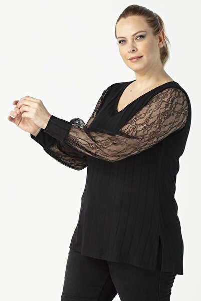 Moda Berray 1952 Siyah Kolu Dantelli Şık Esnek Büyük Beden Triko Bluz
