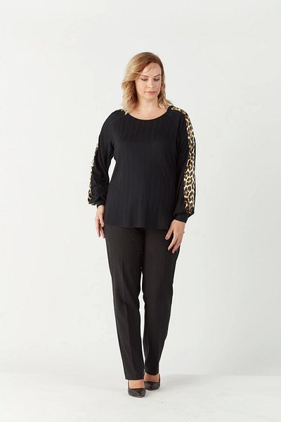 Moda Berray 1953 Black Long Sleeve Brown Leopard Print Large Size Knitwear Blouse