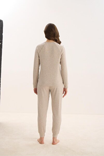 Sevim Kadın Uzun Kol Bej Mlelanj Pijama Takım C5T7N0O61