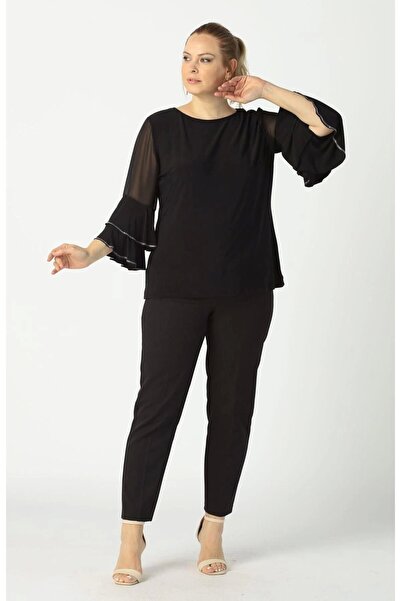 Moda Berray 4043 Siyah Kolları Volanlı Esnek Şık Taşlı Büyük Beden Bluz