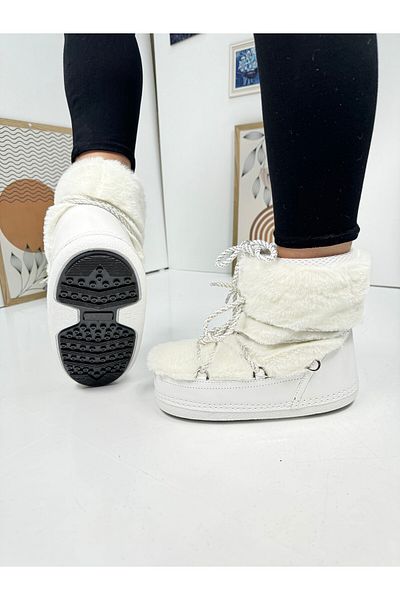 İmerShoes Λευκές γυναικείες μπότες χιονιού - γούνινο, κορδόνι, άνετη επένδυση, χοντρή σόλα 327