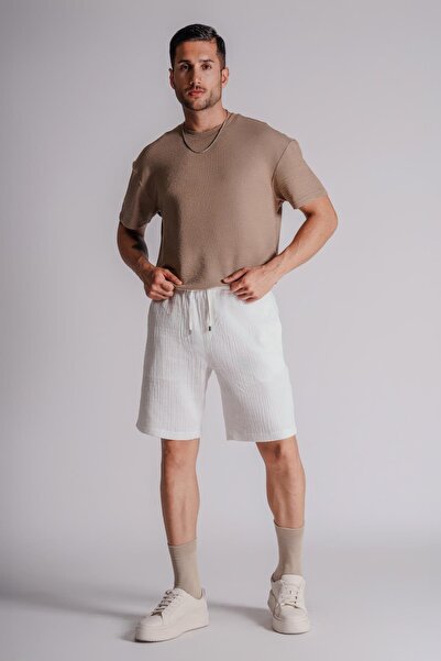 BRACCAS Ecru Men's Jogger Shorts - Side Pocket and Elastic Waist, Textured Fabric, Relaxed Fit