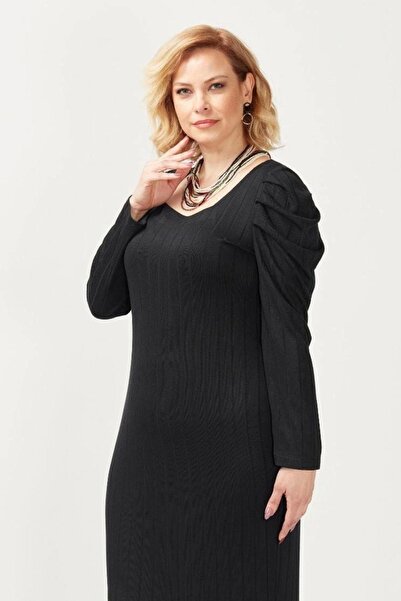 Moda Berray 3228 Havalı Kol Büyük Beden Şık Triko Elbise Siyah