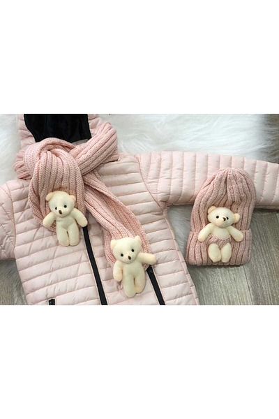 Retro Women Girl's Pink Hooded Teddy Bear Toy Scarf Beanie Set Daily Stylish Coat Coat Set