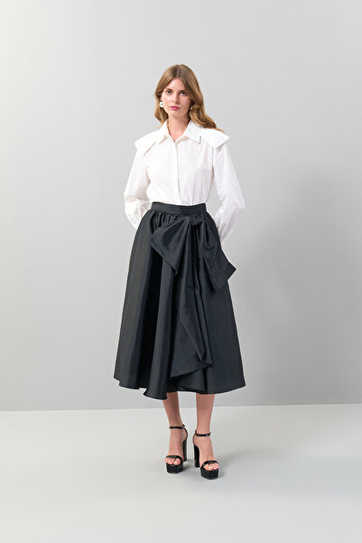 Roman Tafta Fiyonk Detaylı Midi Boy Etek Siyah K2515032_001