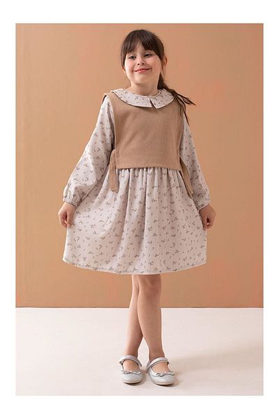 Minigimin Cicileri Рокля с яка и пуловер за момиче My Little Flowers - Camel