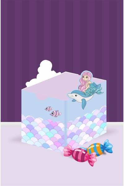 neşeli günlerim Deniz Kızı Teması Kutu - Mini Hediyelik ( Şeker, Sakız, Draje, Mini Oyuncak ) 5x5x5 cm *8'li Paket