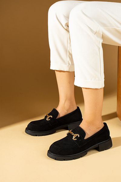 Pembe Potin Γυναικεία μαύρα σουέτ Loafer Moccasin Casual Buckle Daily άνετα παπούτσια σόλας