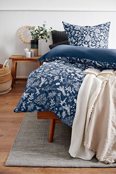 Tchibo طقم لحاف جيرسي شتوي بطباعة كاملة، مقاس 155 × 220 سم، أزرق داكن