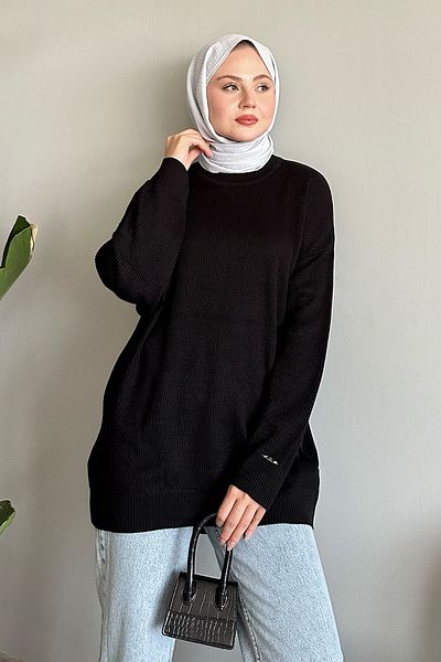 InStyle Pulover de bază negru cu nervuri