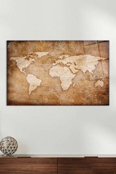 Vosevu Antique Abstract World Map Glass Painting, Modern Home and Office Decor, Gift Wall Decoration