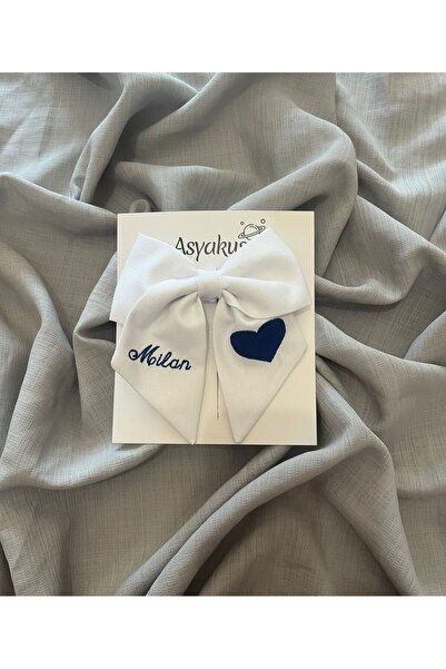 Blue Heart and Name Embroidered White Bow Automatic Buckle