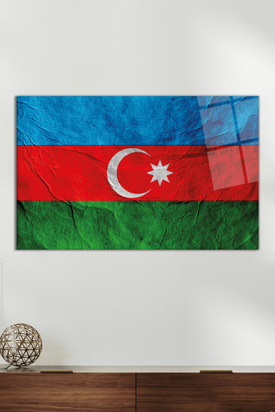 Vosevu Eskitme Detay Azerbaycan Bayrağı Cam Tablo, Ev Ofis Dekoru Hediyelik D...